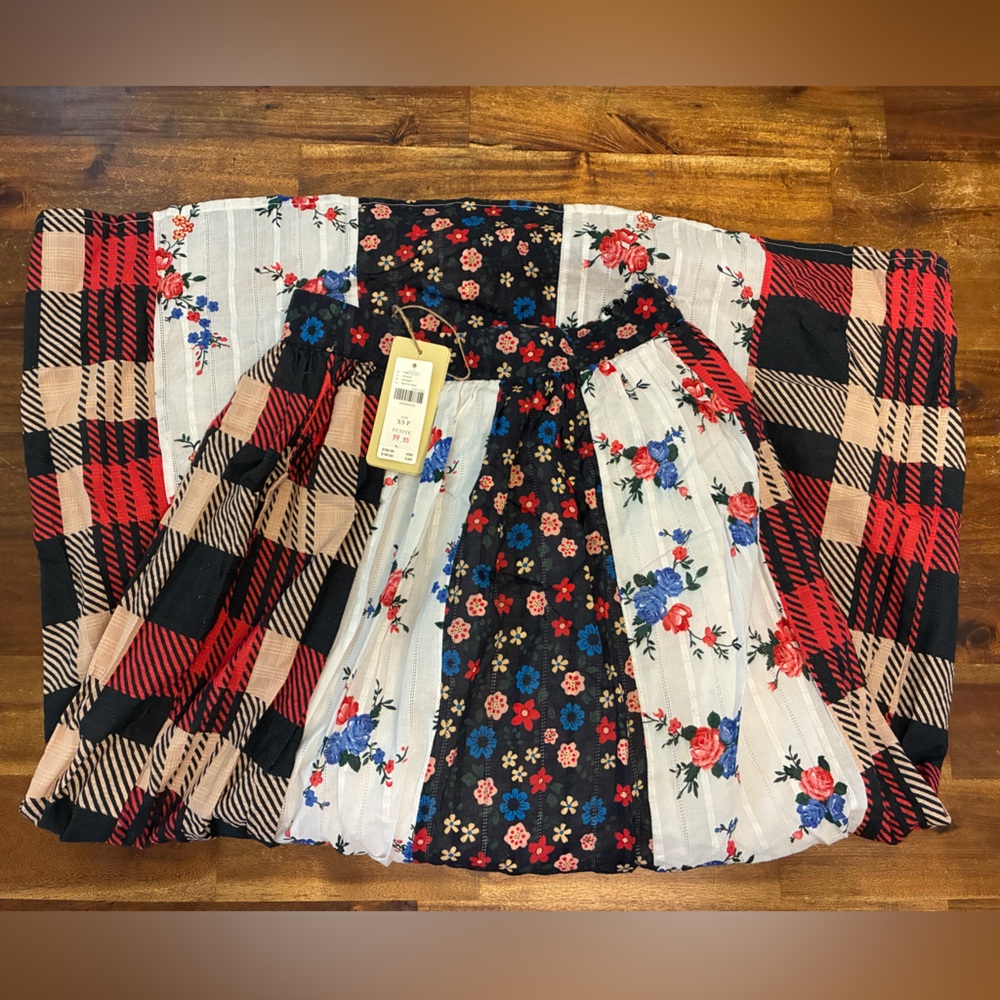 Anthropologie Plaid and Floral Patchwork Cottagecore Midi Skirt